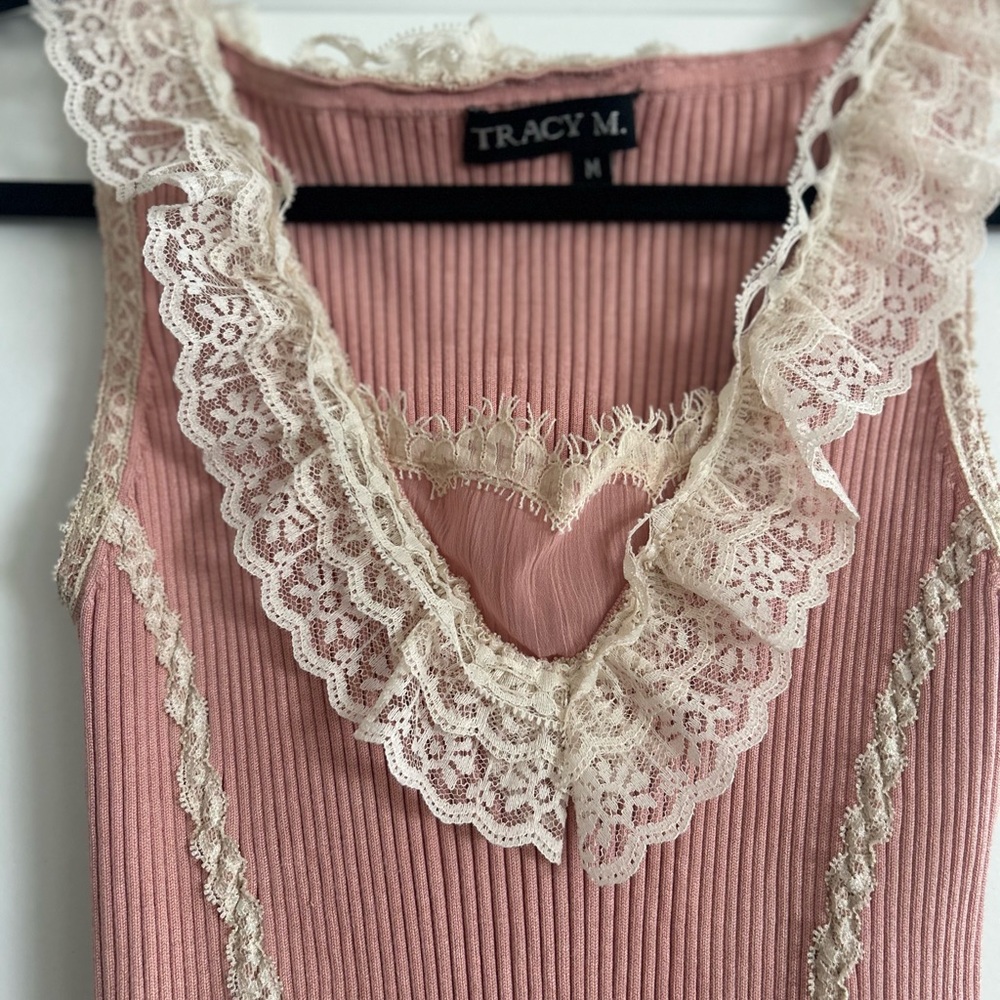 Tracy M Pink and Cream Lace Tank Top - Picture 2 of 4